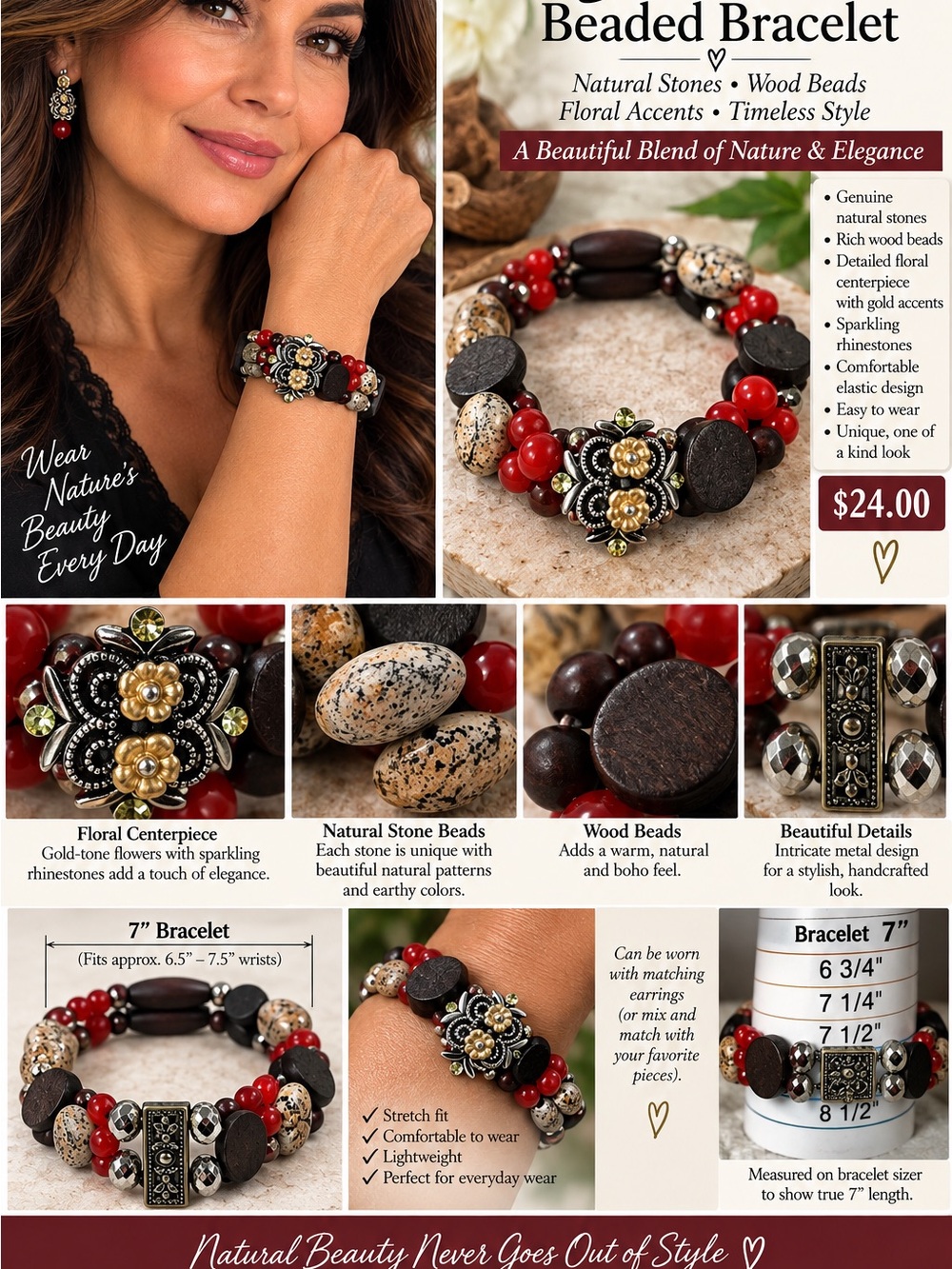 Nature-Inspired Beaded Bracelet - Red, Brown, Cream
